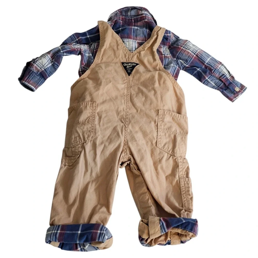 Oshkosh B'gosh Vestbak 2‎ Piece Set 18 mo Denim Bib Overalls Romper Roll Cuff